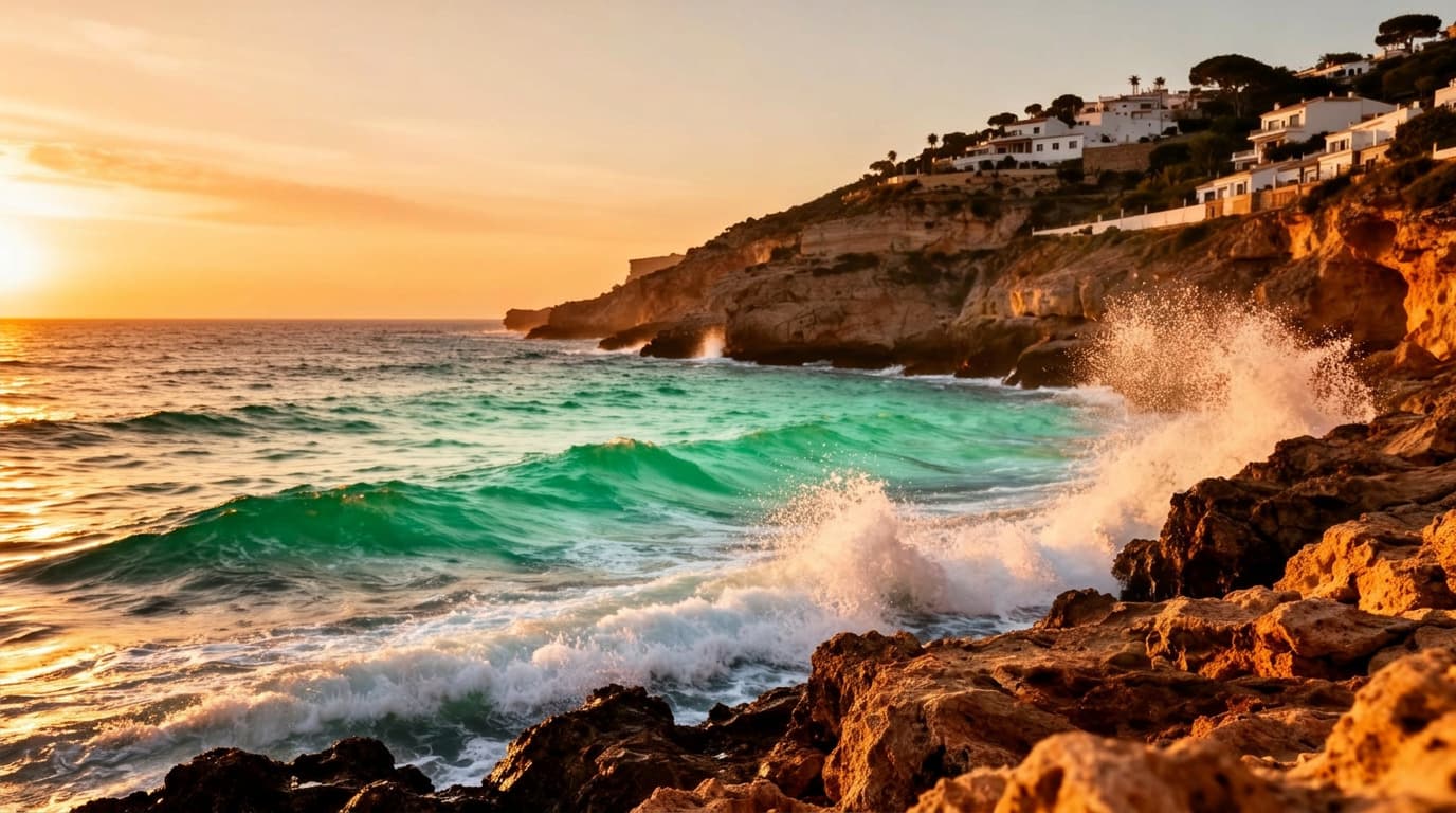 Spanish rocky coastline at sunset with waves crashing